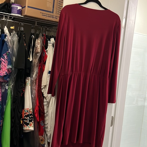 Chaps wine-color 3/4 sleeve drop waist faux wrap dress with faux leather detail - Picture 5 of 5